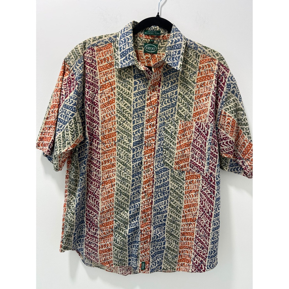Izod Mens Geometric Tribal Print Button Down Shirt Short Sleeve Cotton Medium